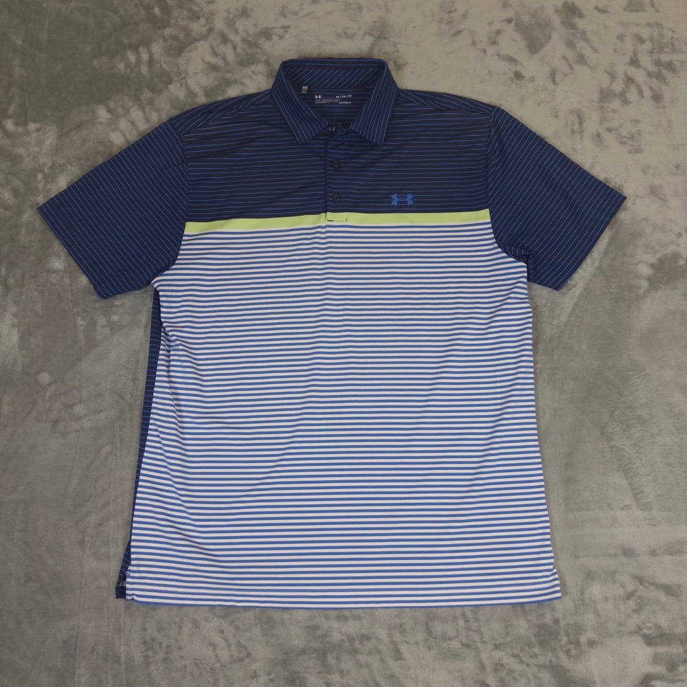 Under Armour Polo Shirt Mens XL Blue Striped HeatGear Short Sleeve Golf Top